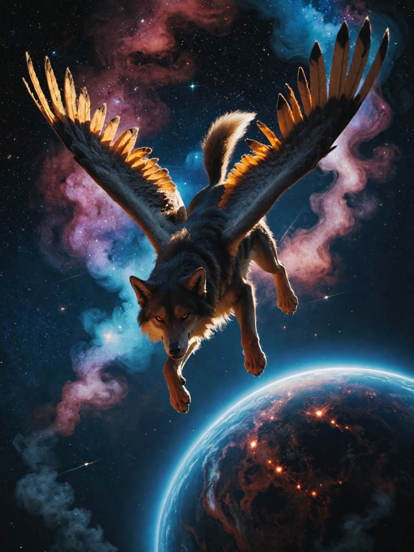 100944-316684453-(feral_1.3), wolf, colorful, (galaxy), (nebula), stars, smoke, iridescent, intricate detail, in the shape of a wolf, full body,.png